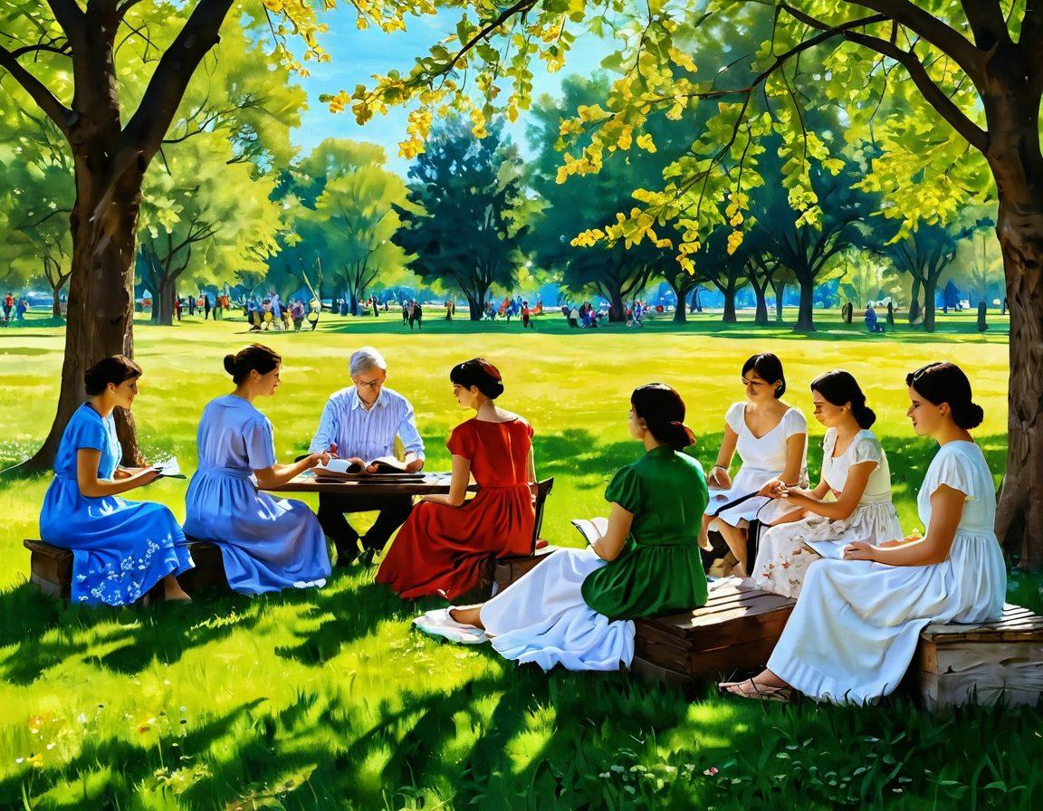 A serene gathering of diverse individuals, inspired by Akhmatova's poetry, engaged in creative arts like painting, writing, and music. The setting is a sunlit park with blooming flowers symbolizing joy and community. Soft expressions of happiness and inspiration on faces, blending artistic elements like pigments and musical notes in the air. warm, inviting colors. impressionistic style.