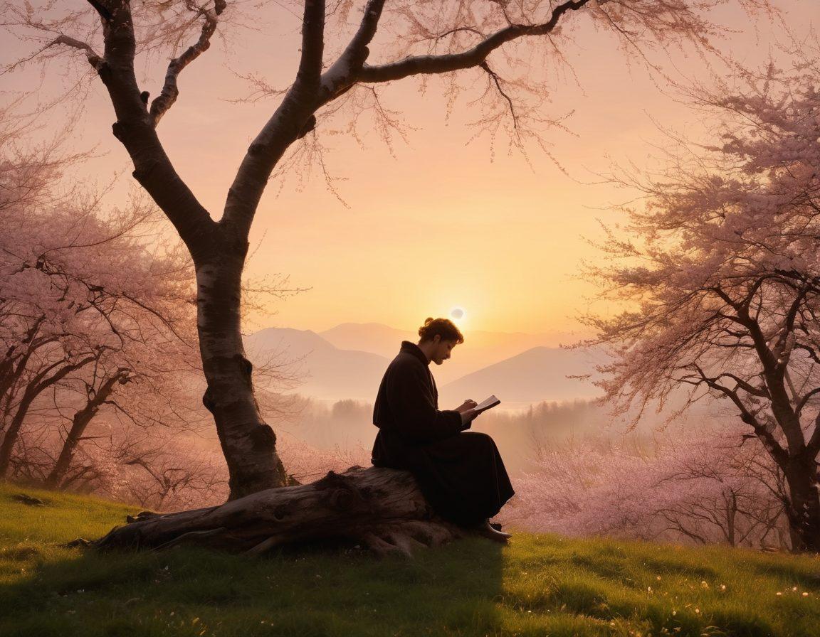 A serene, misty landscape featuring a silhouette of a legendary Russian poet deep in thought, surrounded by blooming cherry blossoms and ancient birch trees. In the background, a soft golden sunrise illuminates snow-capped mountains, evoking a sense of tranquility and inspiration. The poet holds a quill and notebook, with ethereal wisps of poetry floating around him. magical realism. warm pastel colors. atmospheric lighting.